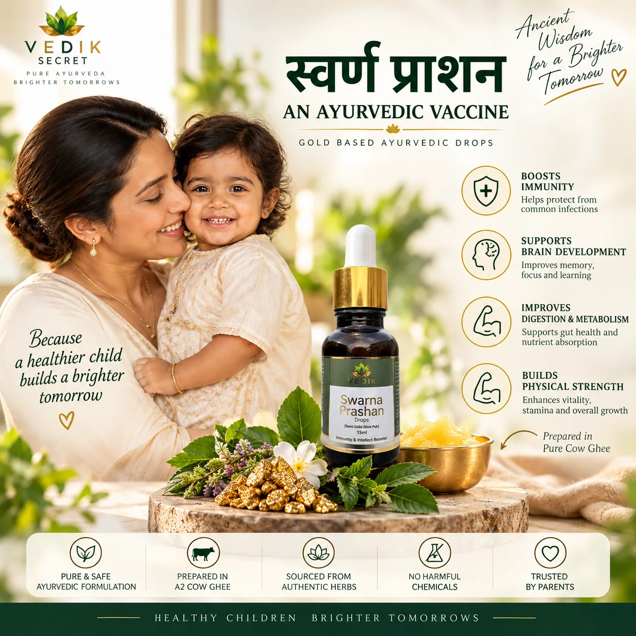 Mother and child with Vedik Secret Swarna Prashan Drops โ an Ayurvedic daily ritual