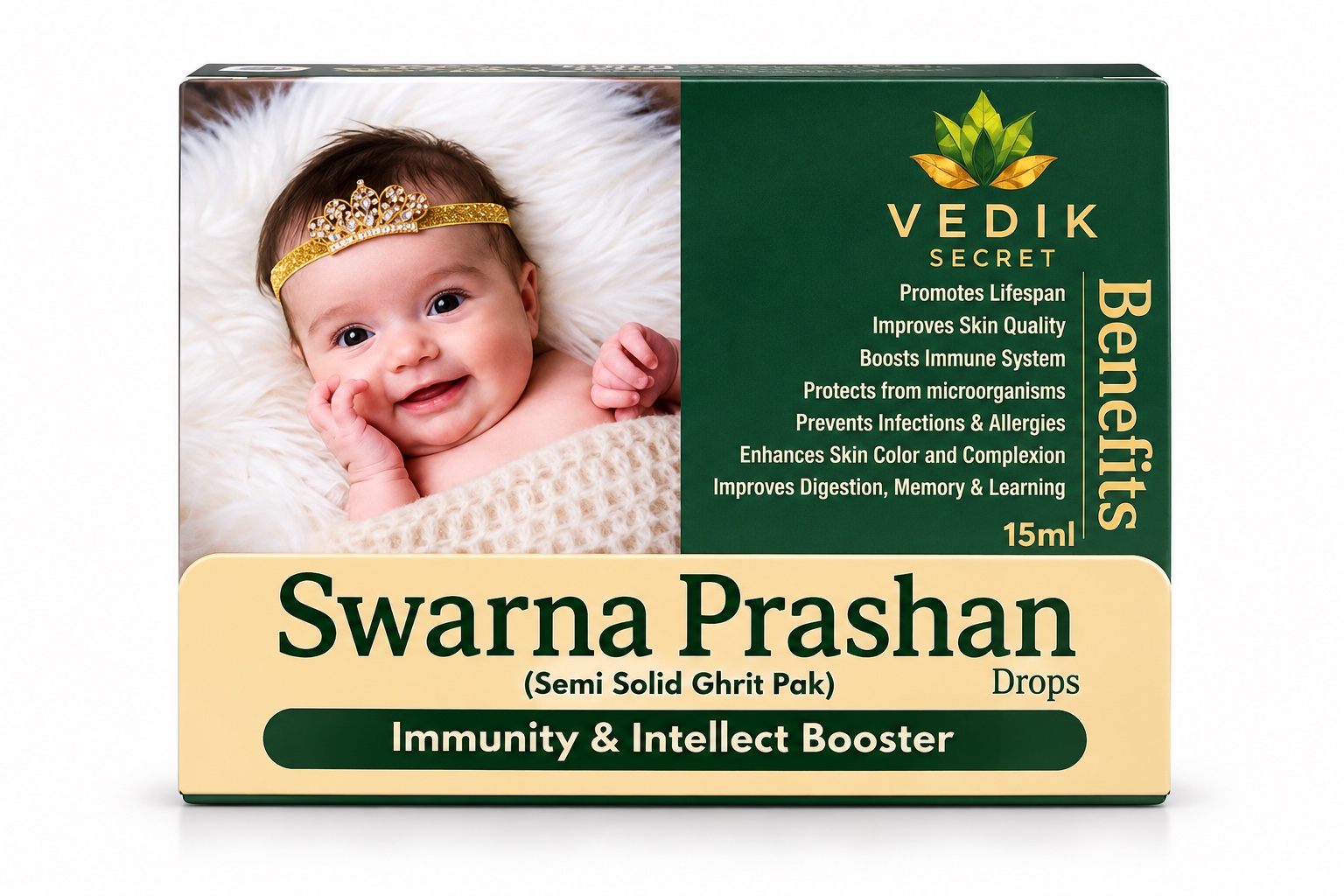 Front of the Vedik Secret Swarna Prashan Drops box