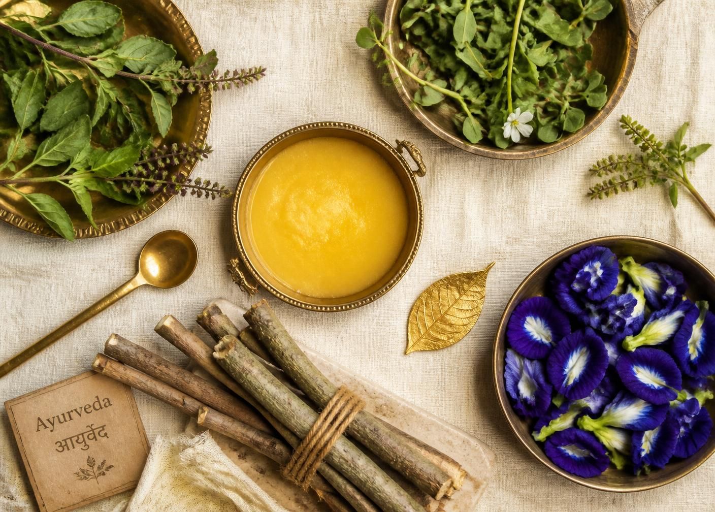 Ayurvedic ingredients flat lay