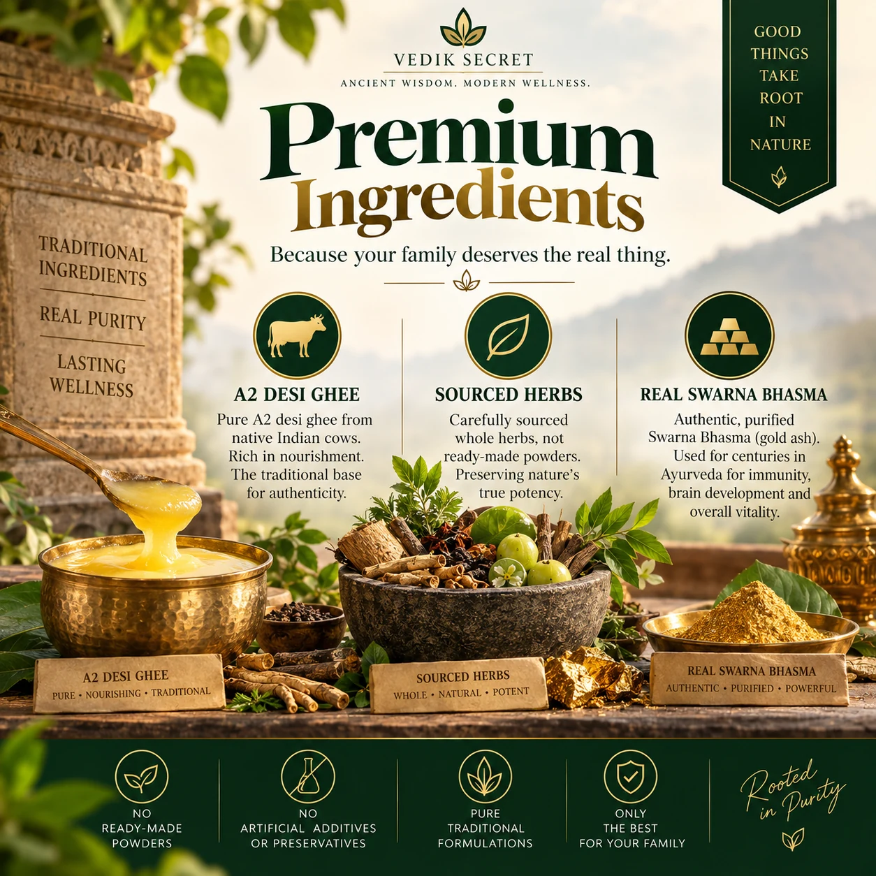 Premium ingredients including A2 desi ghee, sourced herbs and real Swarna Bhasma