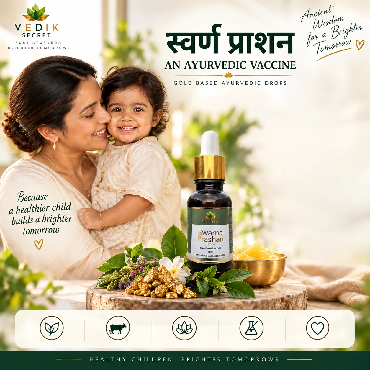 Mother and child with Vedik Secret Swarna Prashan Drops and Ayurvedic ingredients